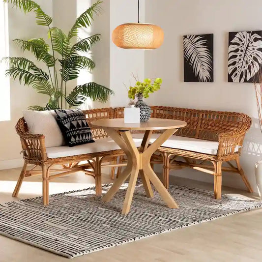 bali & pari Nella Modern Bohemian Natural Brown Rattan 2-Piece Dining Nook Banquette Set