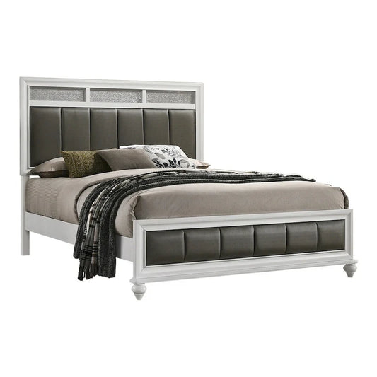 Dini Queen Panel Bed, Glitter Headboard, Channeled Metallic Gray Upholstery