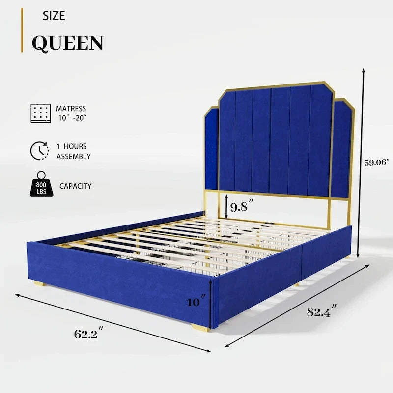 Cadre de lit rembourré Queen Size avec tête de lit de 150 cm et garniture dorée