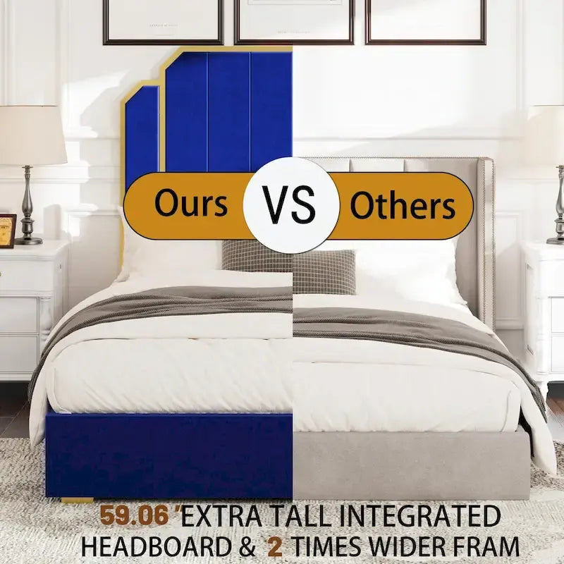 Cadre de lit rembourré Queen Size avec tête de lit de 150 cm et garniture dorée