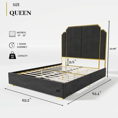 Cadre de lit rembourré Queen Size avec tête de lit de 150 cm et garniture dorée