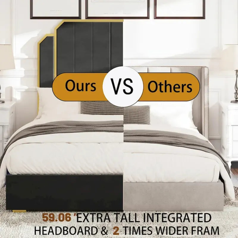 Cadre de lit rembourré Queen Size avec tête de lit de 150 cm et garniture dorée