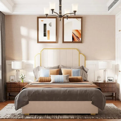 Cadre de lit rembourré Queen Size avec tête de lit de 150 cm et garniture dorée