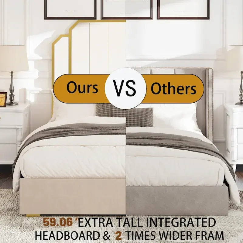 Cadre de lit rembourré Queen Size avec tête de lit de 150 cm et garniture dorée