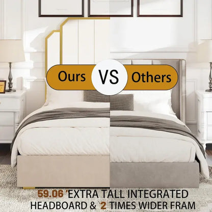 Cadre de lit rembourré Queen Size avec tête de lit de 150 cm et garniture dorée