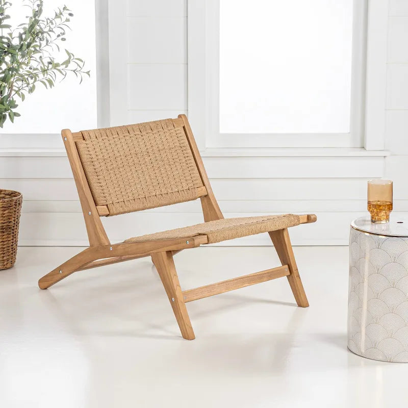 Fauteuil lounge Hartley Mid-Century Modern en bois et jonc de mer tressé, sans accoudoirs, naturel, par JONATHAN Y