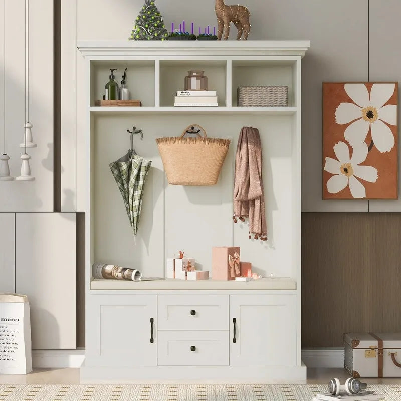 Porte-manteau 3 en 1 avec banc de rangement, 3 crochets et coussin