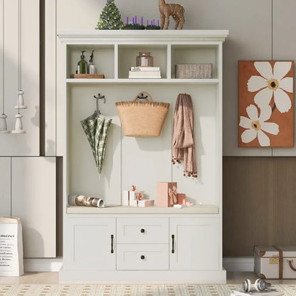 Porte-manteau 3 en 1 avec banc de rangement, 3 crochets et coussin