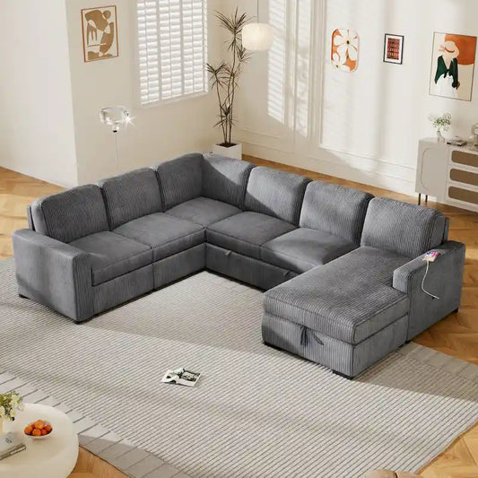 U-shaped Combination 6-Seat Corner Sofa with Storage Lounge Chair and USB Interfaces