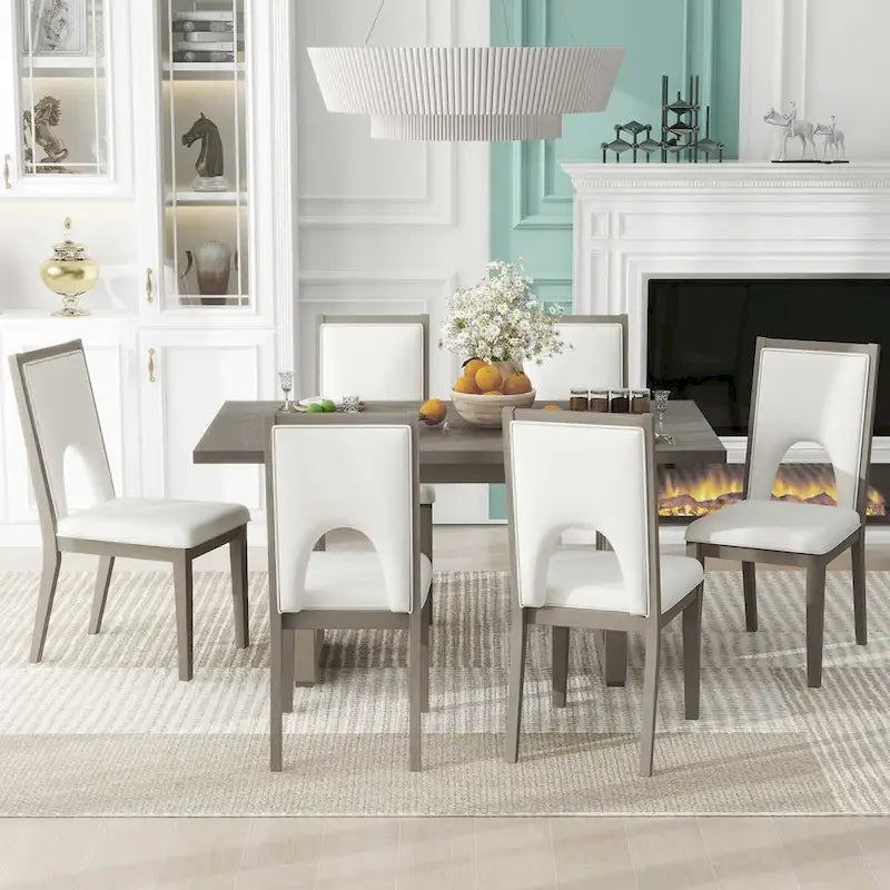 Ensemble table et chaises de salle à manger pour 6 personnes, style campagnard, rectangulaire, avec 6 chaises rembourrées, idéal pour la salle à manger.