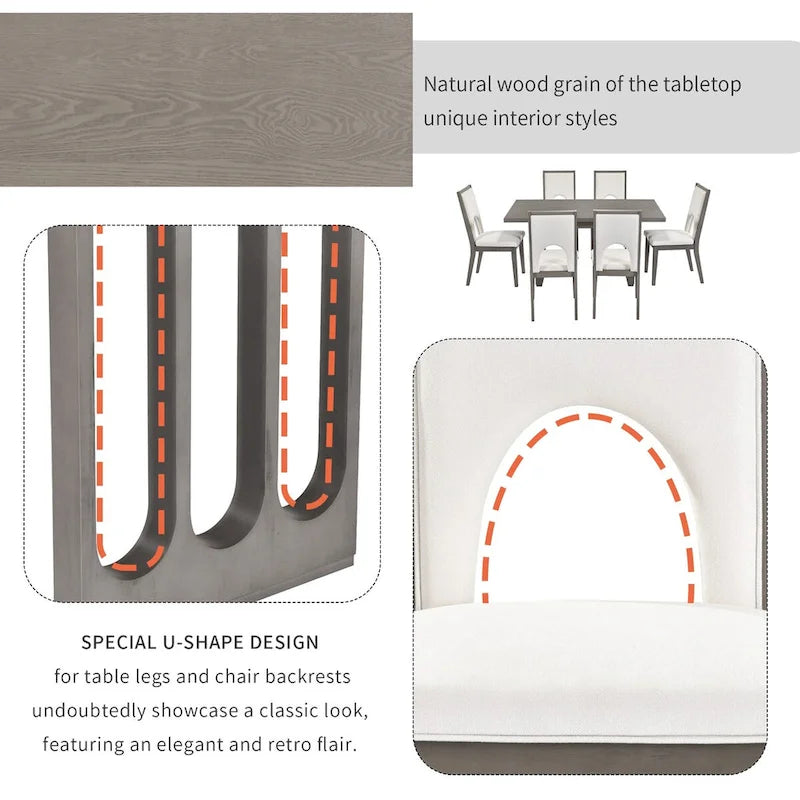 Ensemble table et chaises de salle à manger pour 6 personnes, style campagnard, rectangulaire, avec 6 chaises rembourrées, idéal pour la salle à manger.