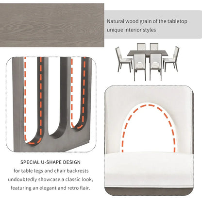 Ensemble table et chaises de salle à manger pour 6 personnes, style campagnard, rectangulaire, avec 6 chaises rembourrées, idéal pour la salle à manger.