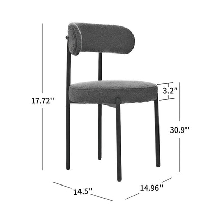 Ensemble de 2 chaises de salle à manger rondes modernes, revêtues de tissu bouclé, dossier incurvé et pieds en métal peint en noir.