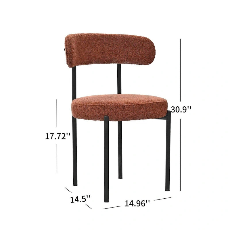 Ensemble de 2 chaises de salle à manger rondes modernes, revêtues de tissu bouclé, dossier incurvé et pieds en métal peint en noir.