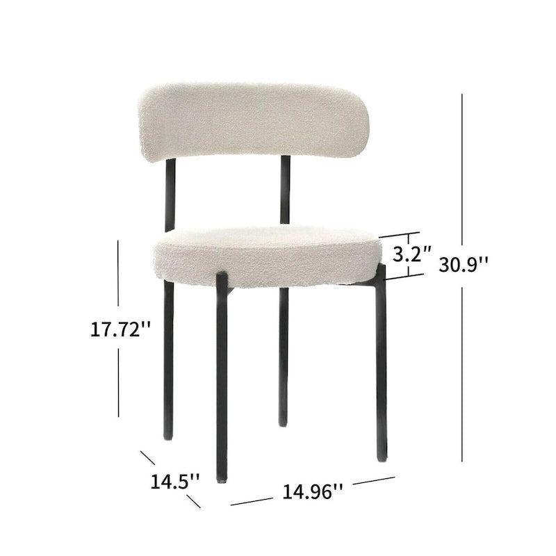 Ensemble de 2 chaises de salle à manger rondes modernes, revêtues de tissu bouclé, dossier incurvé et pieds en métal peint en noir.