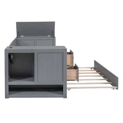 Lit de jour une place avec lit gigogne, accoudoirs de rangement, station de recharge, structure en bois, pour salon, chambre à coucher ou chambre d'amis