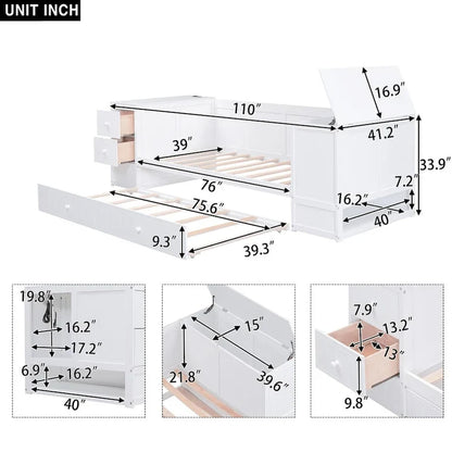 Lit de jour une place avec lit gigogne, accoudoirs de rangement, station de recharge, structure en bois, pour salon, chambre à coucher ou chambre d'amis