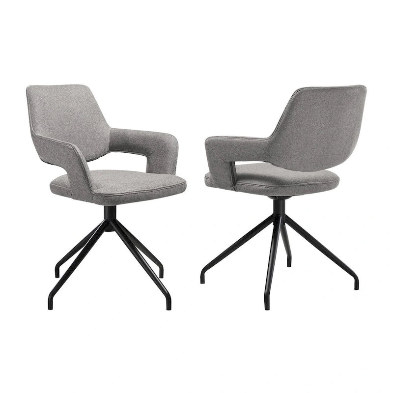 Ensemble de 2 chaises de salle à manger pivotantes Samy de 58 cm (23 pouces), dossier incurvé, rembourrées, grises et noires.