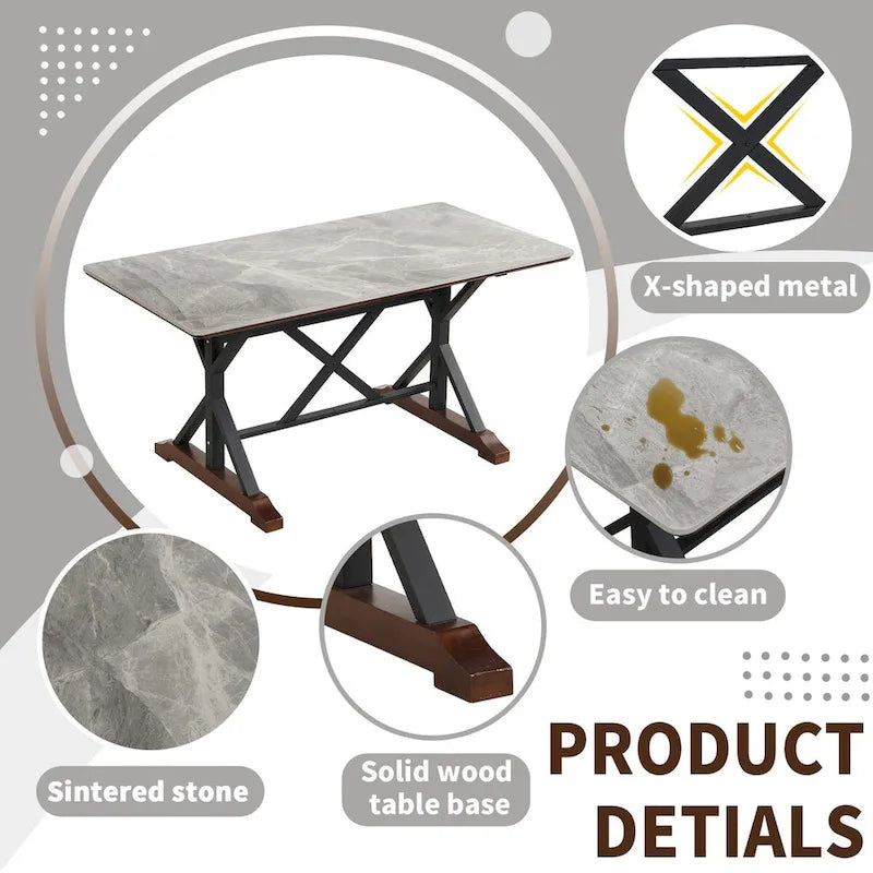 Table de salle à manger en pierre frittée, table de cuisine rectangulaire moderne grise de 63 pouces