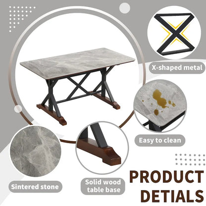 Table de salle à manger en pierre frittée, table de cuisine rectangulaire moderne grise de 63 pouces