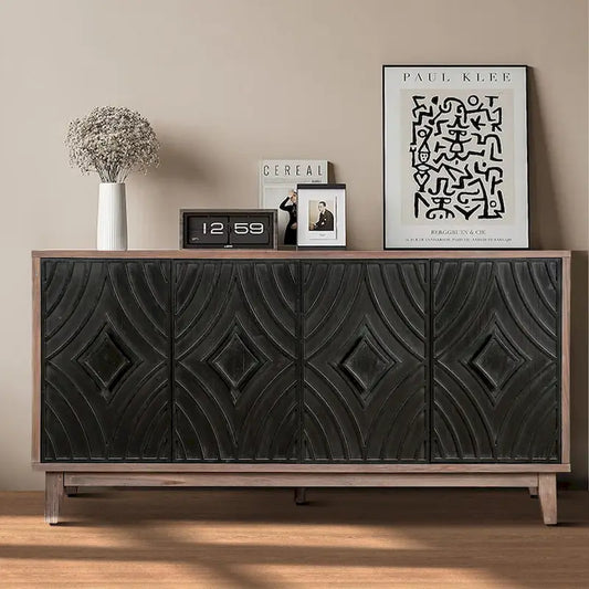 Sideboard Buffet Cabinet Kitchen Storage Cabinet Credenza with 4 Convex Pattern Diamond Doors and 2 Shelves Accent Console Table