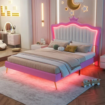 Lit double capitonné avec éclairage LED, lit princesse moderne capitonné avec tête de lit couronne, rose et blanc