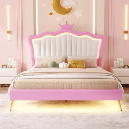 Lit double capitonné avec éclairage LED, lit princesse moderne capitonné avec tête de lit couronne, rose et blanc