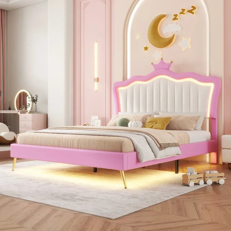 Lit double capitonné avec éclairage LED, lit princesse moderne capitonné avec tête de lit couronne, rose et blanc