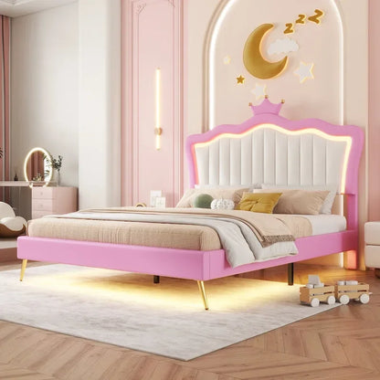 Lit double capitonné avec éclairage LED, lit princesse moderne capitonné avec tête de lit couronne, rose et blanc