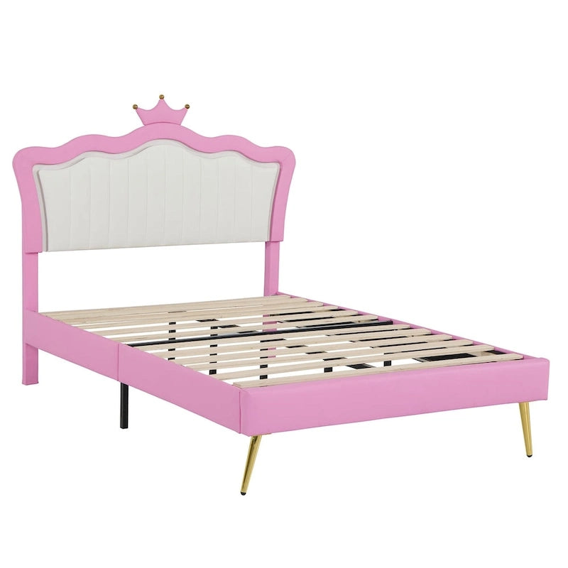 Lit double capitonné avec éclairage LED, lit princesse moderne capitonné avec tête de lit couronne, rose et blanc