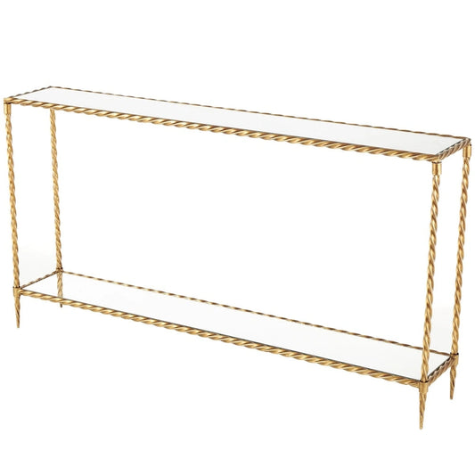 Metal Twisted Rope Inspired 1 Shelf Console Table with Mirrored Glass Top and Shelf - Gold - Roche River Decor
