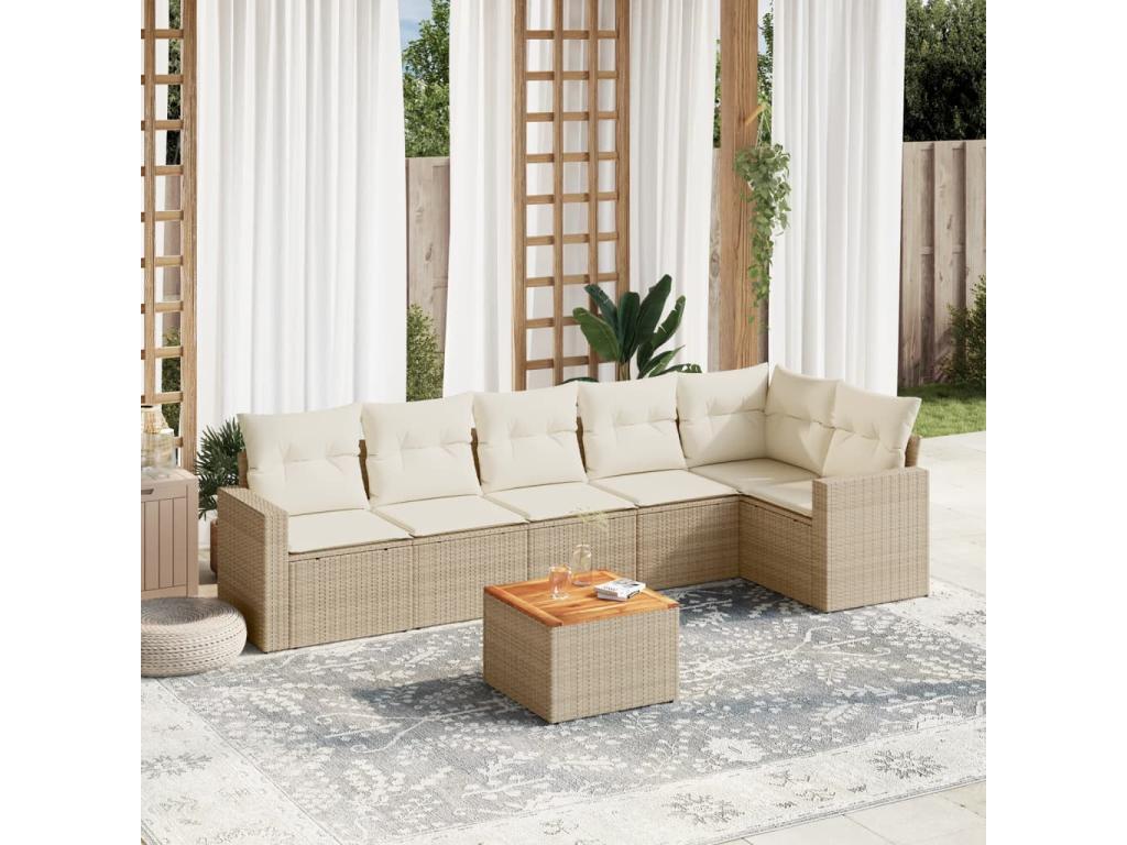 Ensemble de mobilier de jardin 7 pièces en résine tressée avec coussins, beige