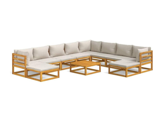 Ensemble de mobilier de jardin 11 pièces en bois massif avec coussins, marron