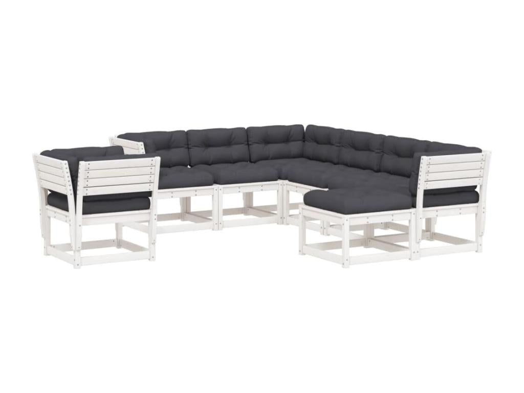 Ensemble de mobilier de jardin 8 pièces en pin avec coussins, blanc