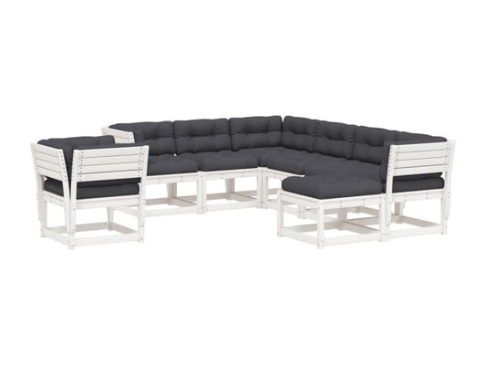 Ensemble de mobilier de jardin 8 pièces en pin avec coussins, blanc