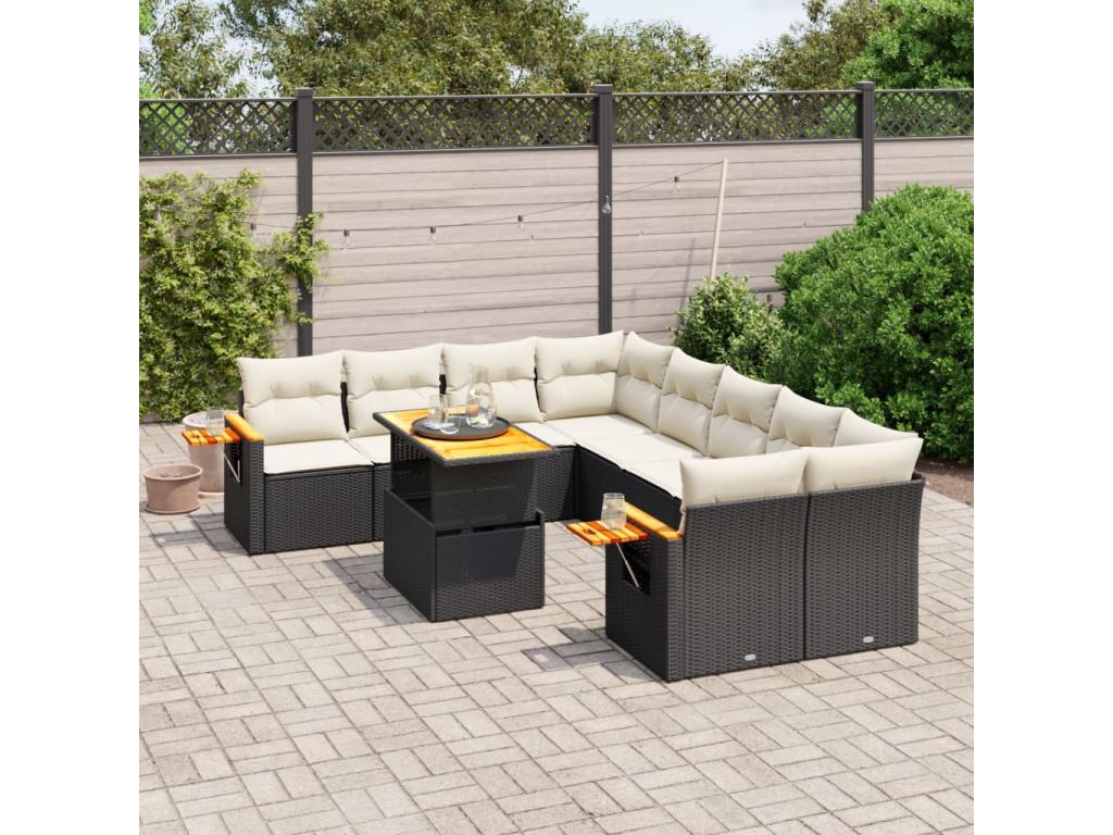 Ensemble de mobilier de jardin 9 pièces en résine tressée avec coussins, noir