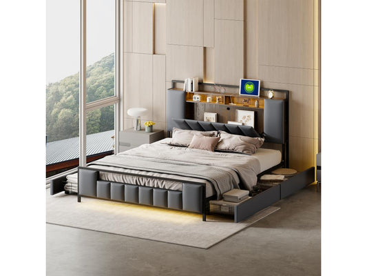 Cadre de lit en métal avec 4 tiroirs, 160 x 200 cm, gris
