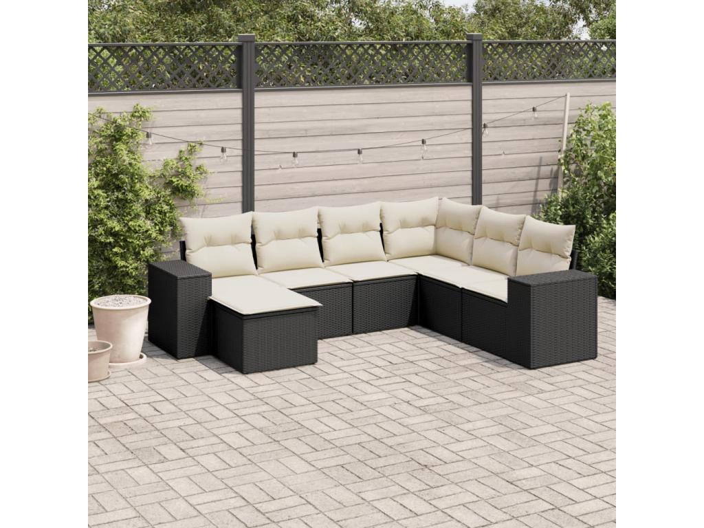Ensemble de mobilier de jardin 7 pièces en résine tressée avec coussins, noir