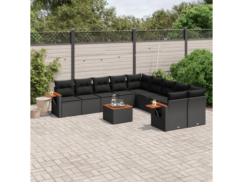 Ensemble de mobilier de jardin 11 pièces en résine tressée avec coussins, noir