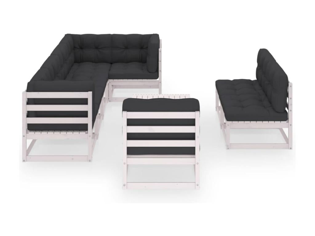 Ensemble de mobilier de jardin 9 pièces en pin avec coussins, blanc