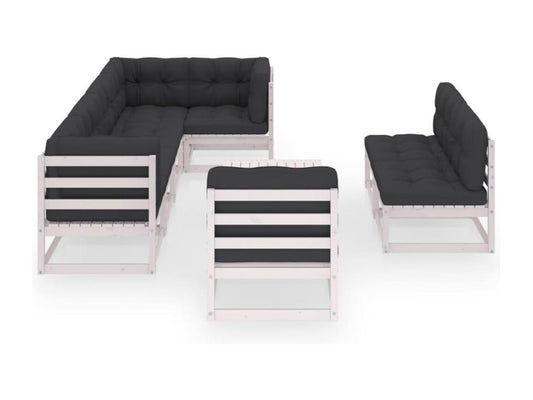 Ensemble de mobilier de jardin 9 pièces en pin avec coussins, blanc