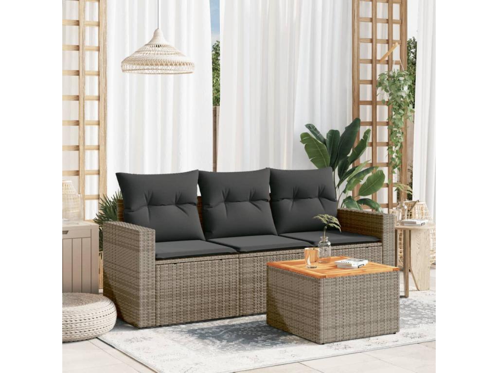 Ensemble de mobilier de jardin 4 pièces en résine tressée avec coussins, gris