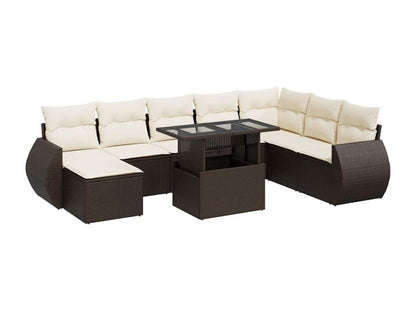 Ensemble de mobilier de jardin 9 pièces en résine tressée avec coussins, marron