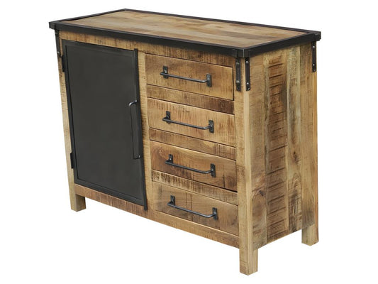 Buffet 1 porte en bois de manguier avec 4 tiroirs, marron