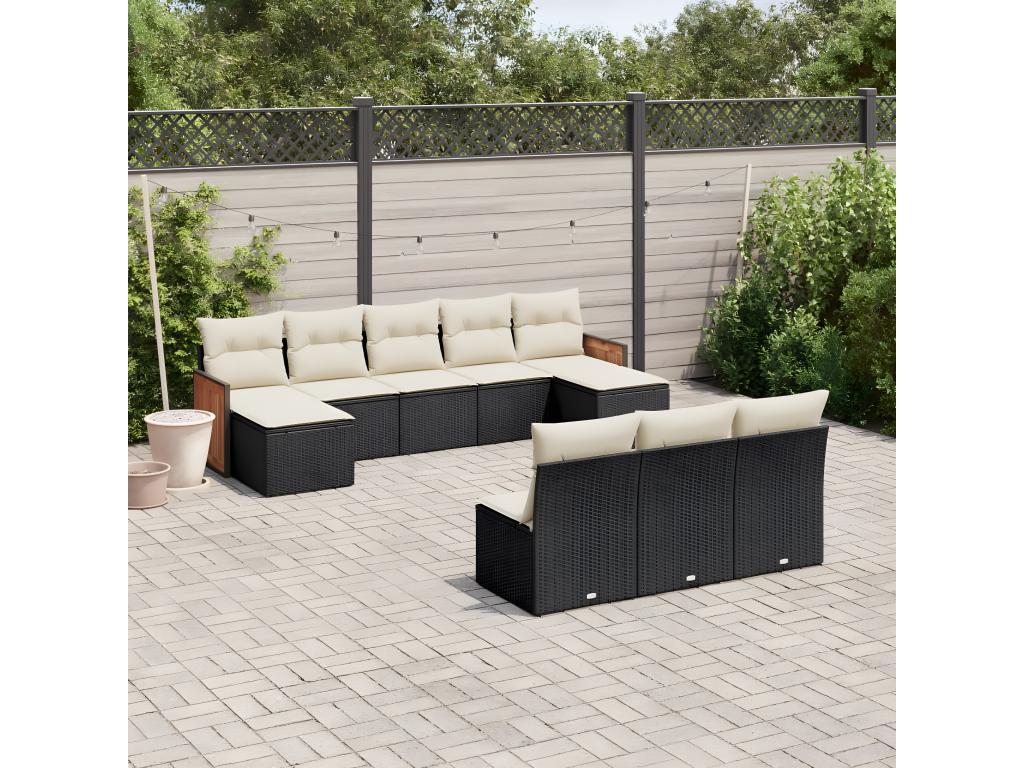 Ensemble de mobilier de jardin 10 pièces en résine tressée avec coussins, noir