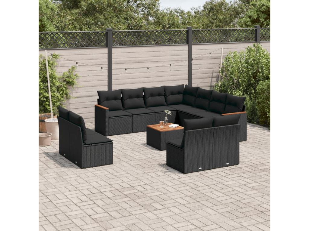 Ensemble de mobilier de jardin 12 pièces en résine tressée avec coussins, noir