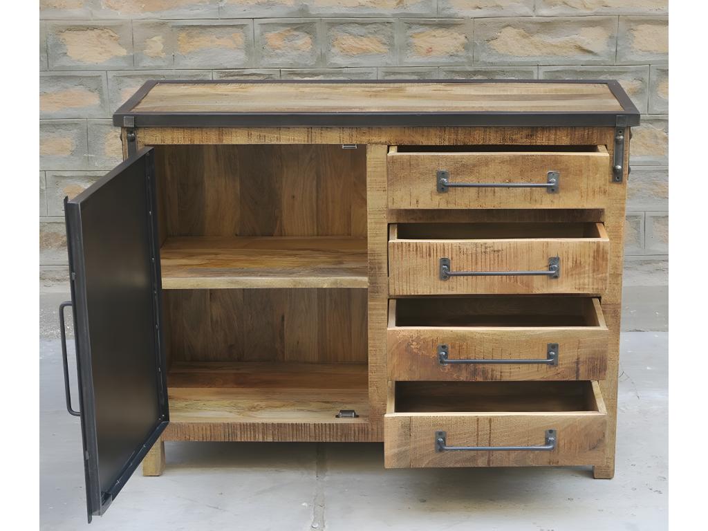 Buffet 1 porte en bois de manguier avec 4 tiroirs, marron