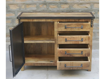 Buffet 1 porte en bois de manguier avec 4 tiroirs, marron