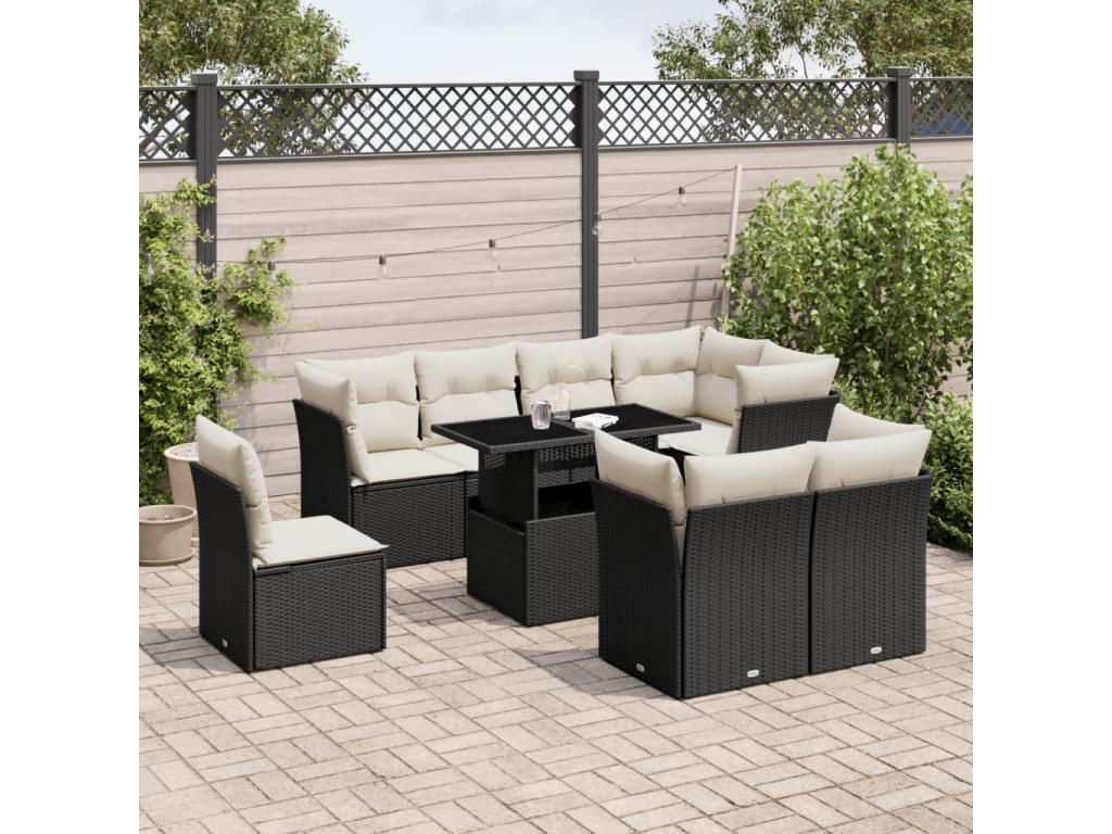 Ensemble de mobilier de jardin 9 pièces en résine tressée avec coussins, noir