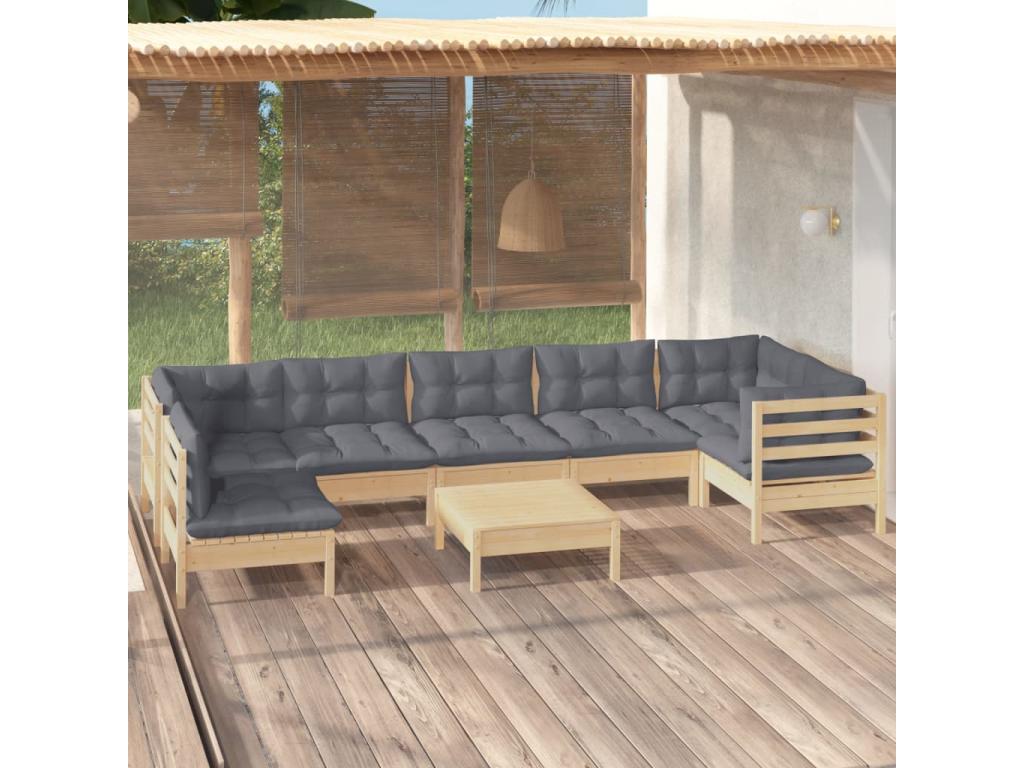 Ensemble de mobilier de jardin 8 pièces en pin avec coussins, gris